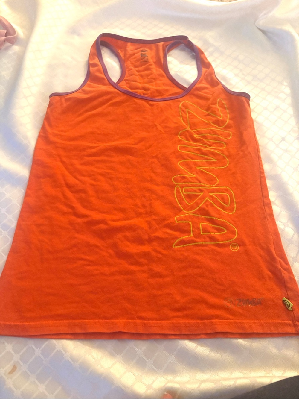 Zumba Fitness Orange Tank with purple Trim and Yellow Logo